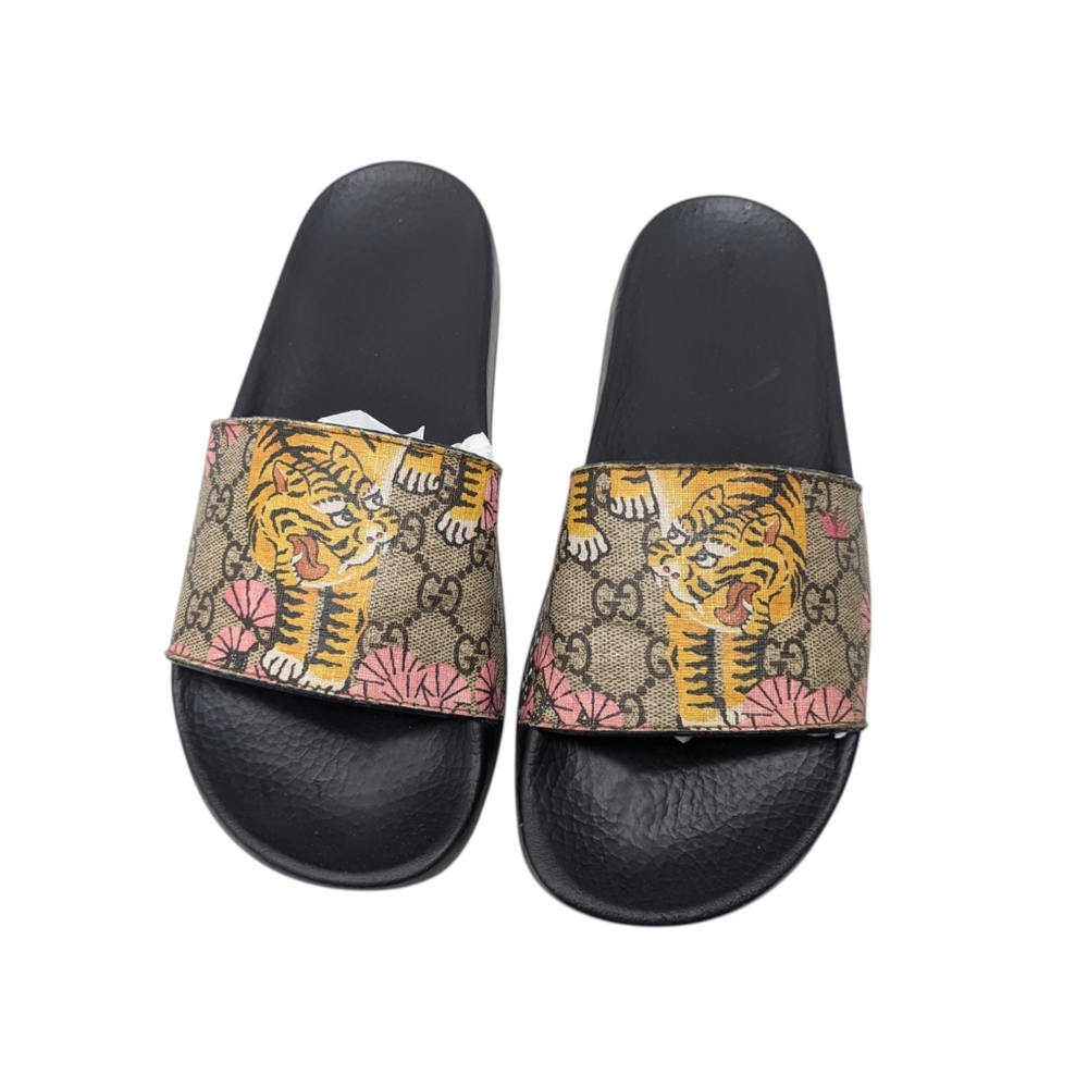 Gucci GG Supreme Tiger Print Slide Sandals in Black, Tan, Yellow, Pink - Picture 3 of 9